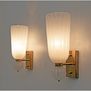 Pair of Mid-century Modern Brass and "Pulegoso" Murano Glass Sconces