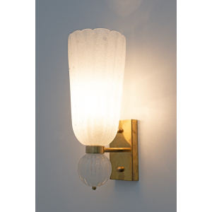 Pair of Mid-century Modern Brass and "Pulegoso" Murano Glass Sconces