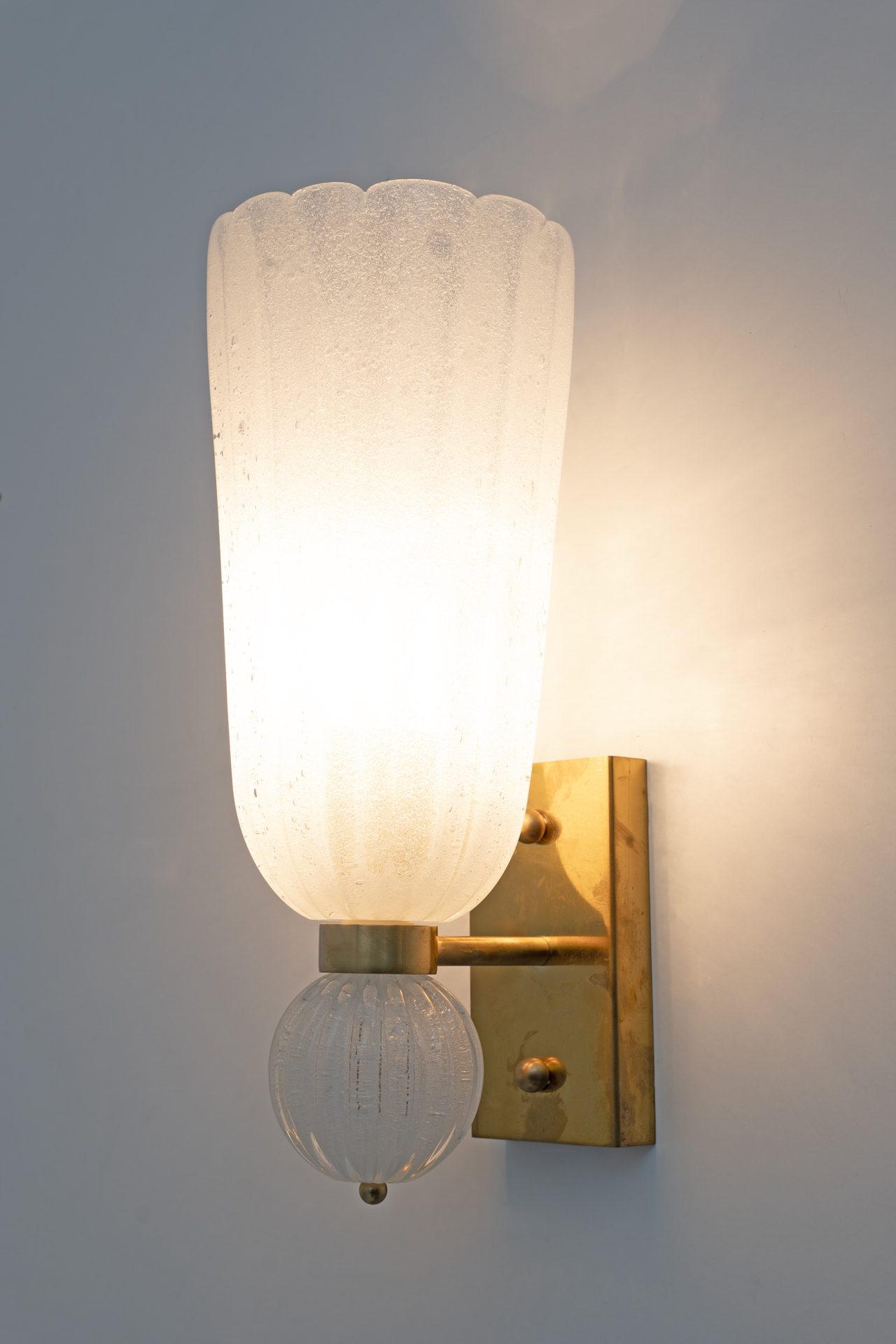 Pair of Mid-century Modern Brass and "Pulegoso" Murano Glass Sconces