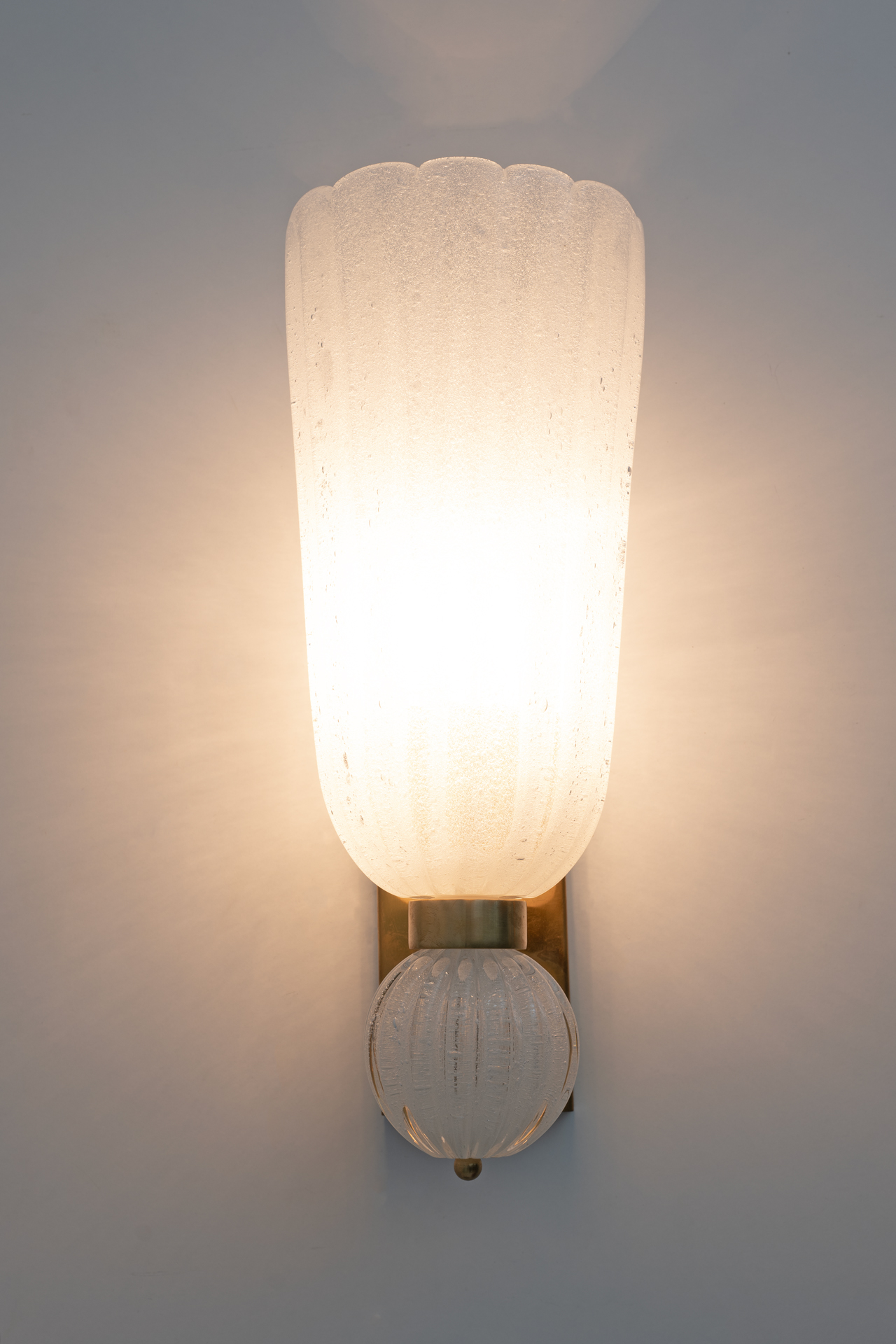Pair of Mid-century Modern Brass and "Pulegoso" Murano Glass Sconces