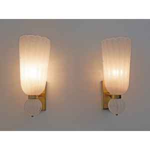 Pair of Mid-century Modern Brass and "Pulegoso" Murano Glass Sconces