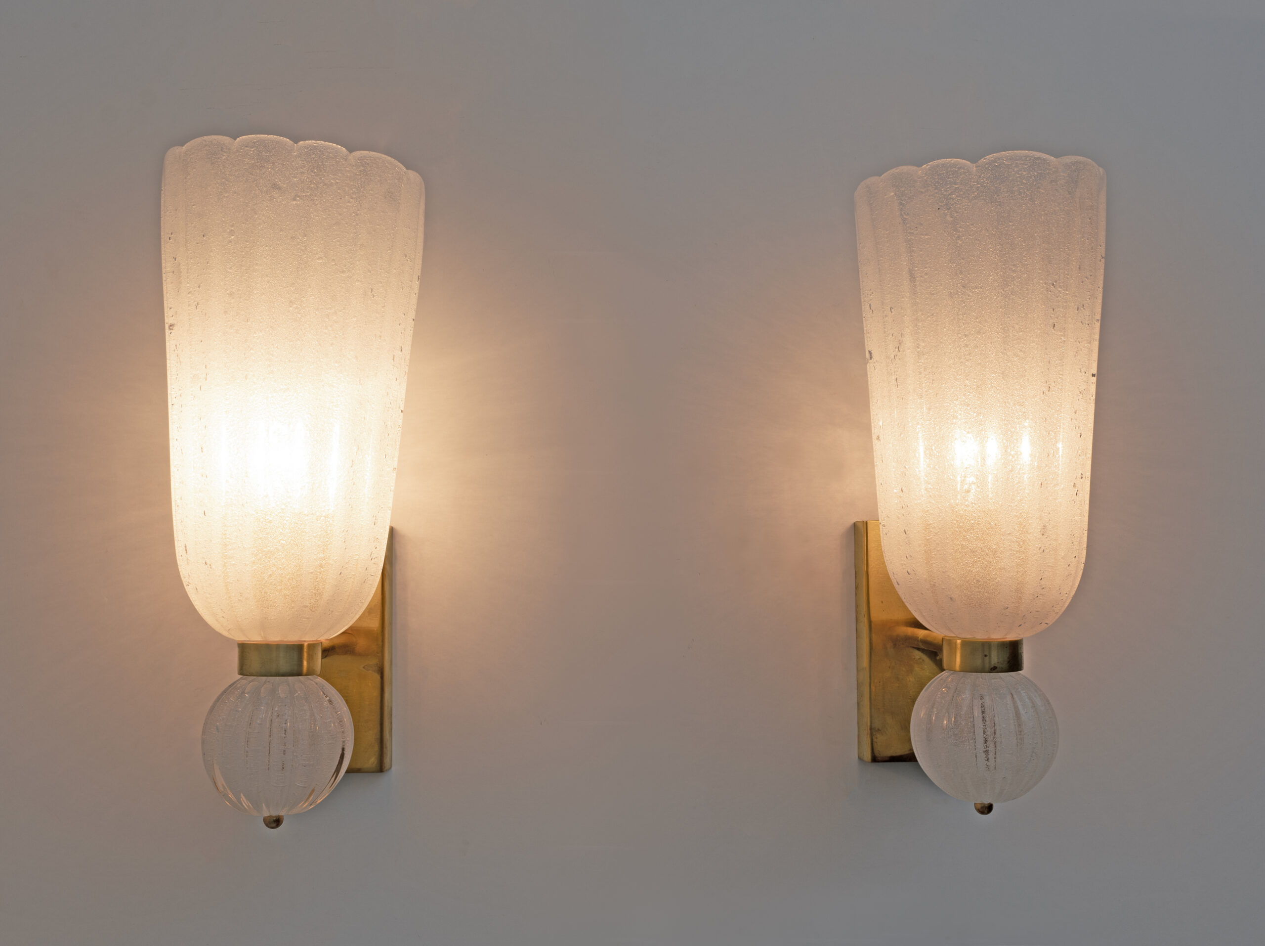 Pair of Mid-century Modern Brass and "Pulegoso" Murano Glass Sconces