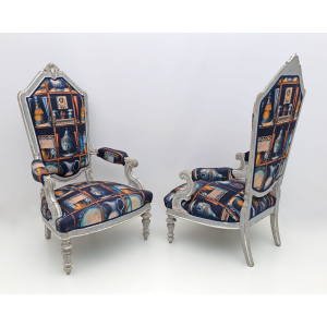 Pair of Italian Neoclassical Armchairs with Fornasetti Linen Fabric