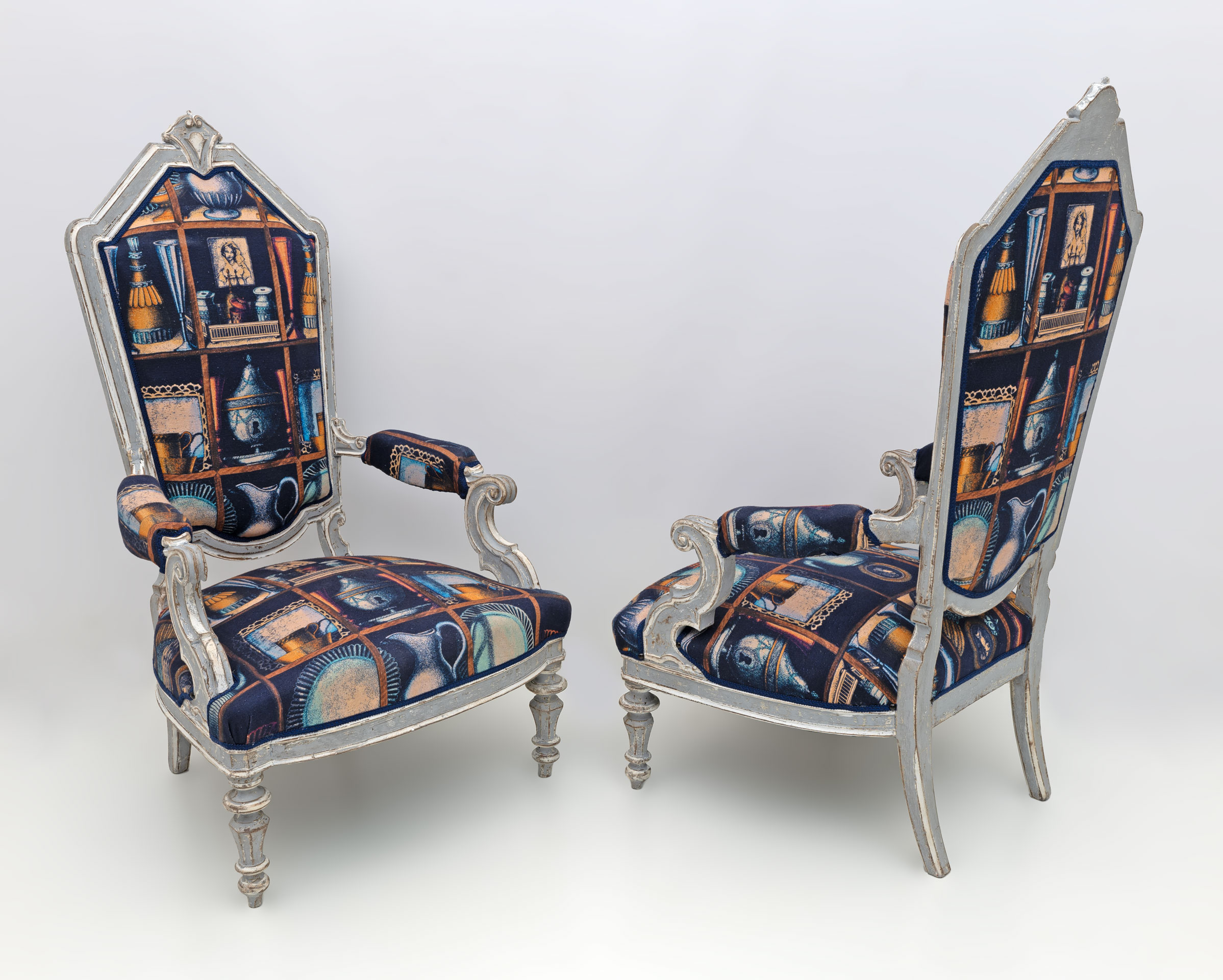Pair of Italian Neoclassical Armchairs with Fornasetti Linen Fabric