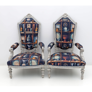 Pair of Italian Neoclassical Armchairs with Fornasetti Linen Fabric