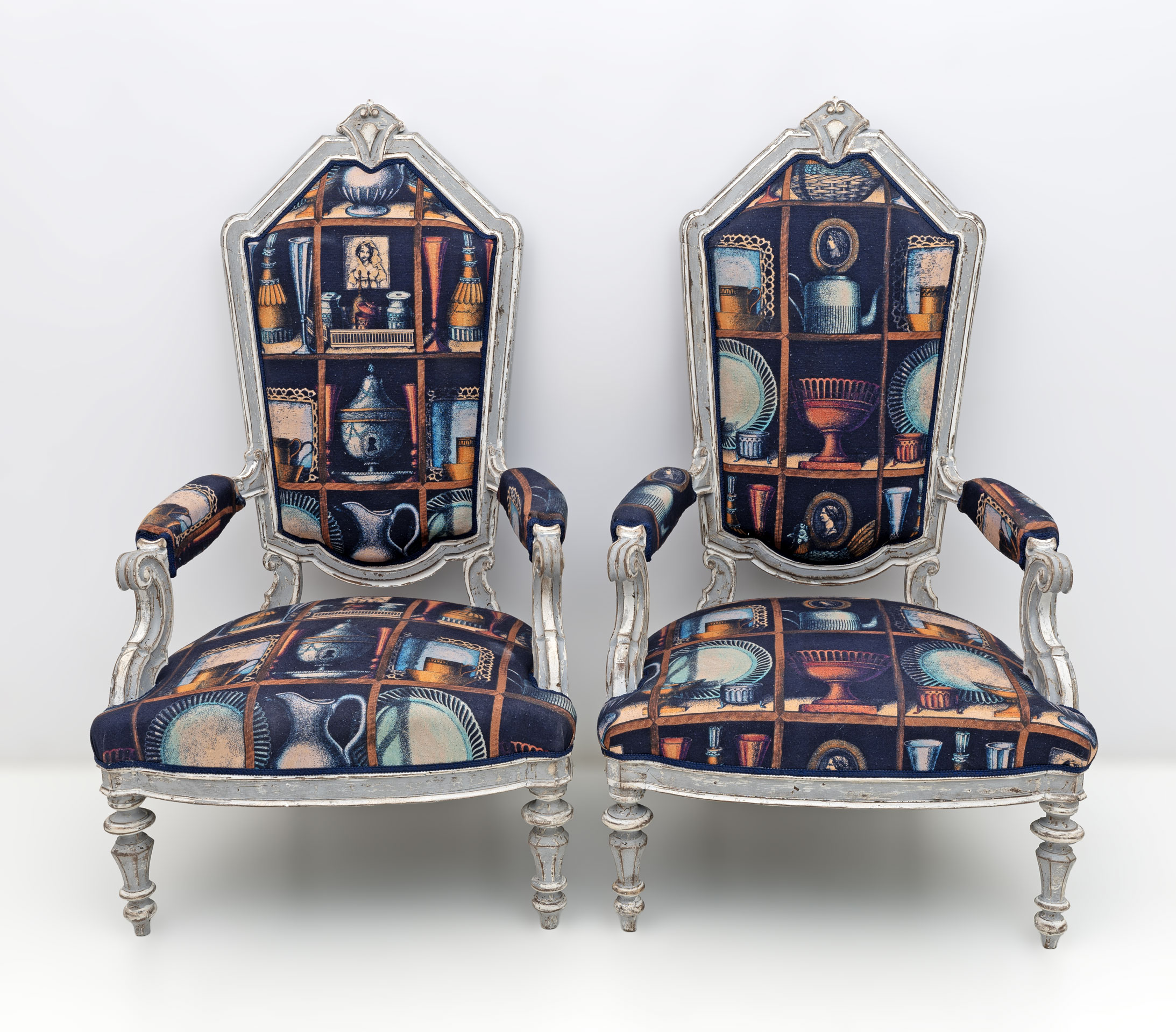 Pair of Italian Neoclassical Armchairs with Fornasetti Linen Fabric