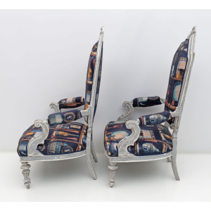 Pair of Italian Neoclassical Armchairs with Fornasetti Linen Fabric