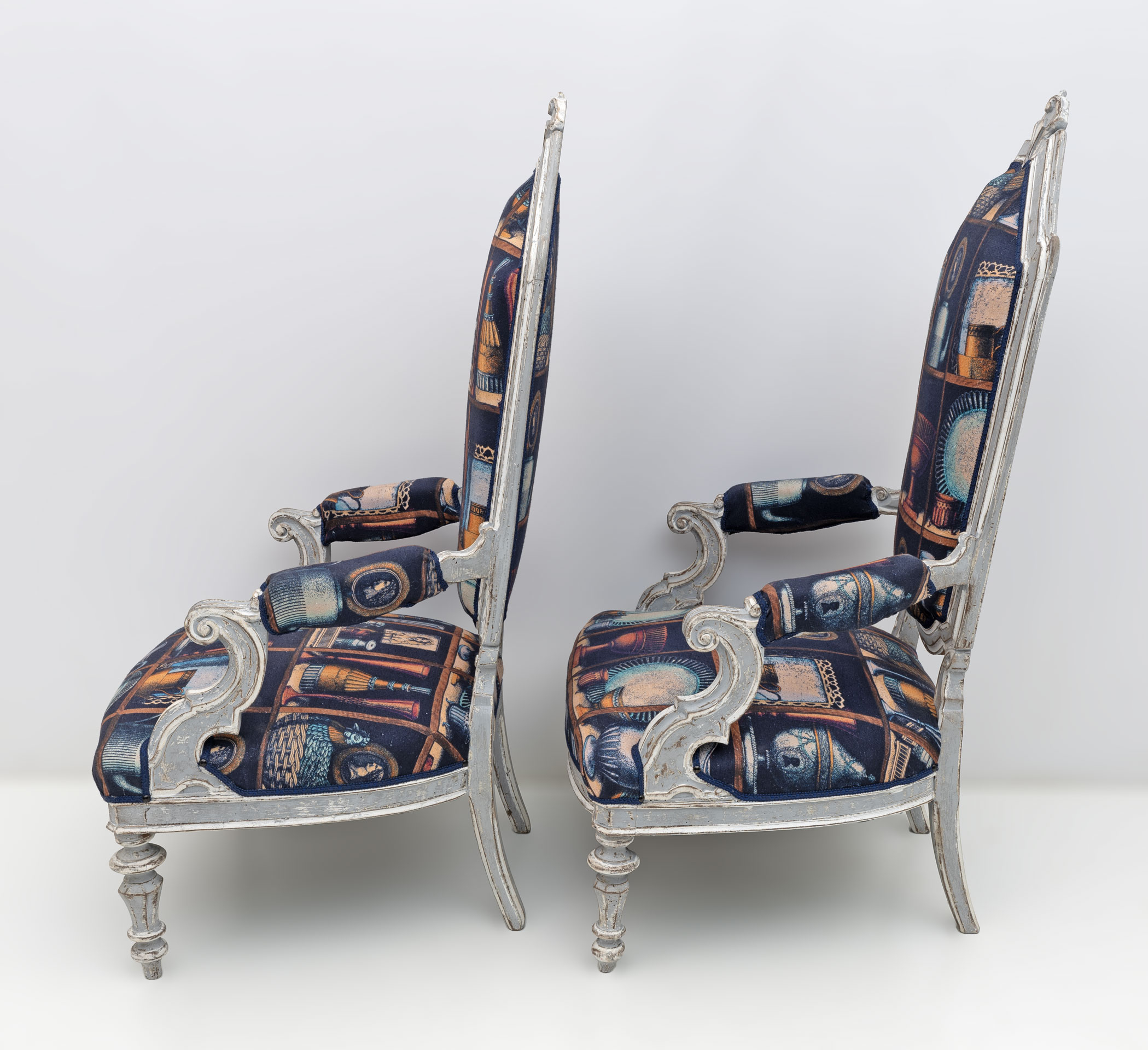 Pair of Italian Neoclassical Armchairs with Fornasetti Linen Fabric