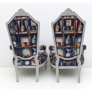 Pair of Italian Neoclassical Armchairs with Fornasetti Linen Fabric