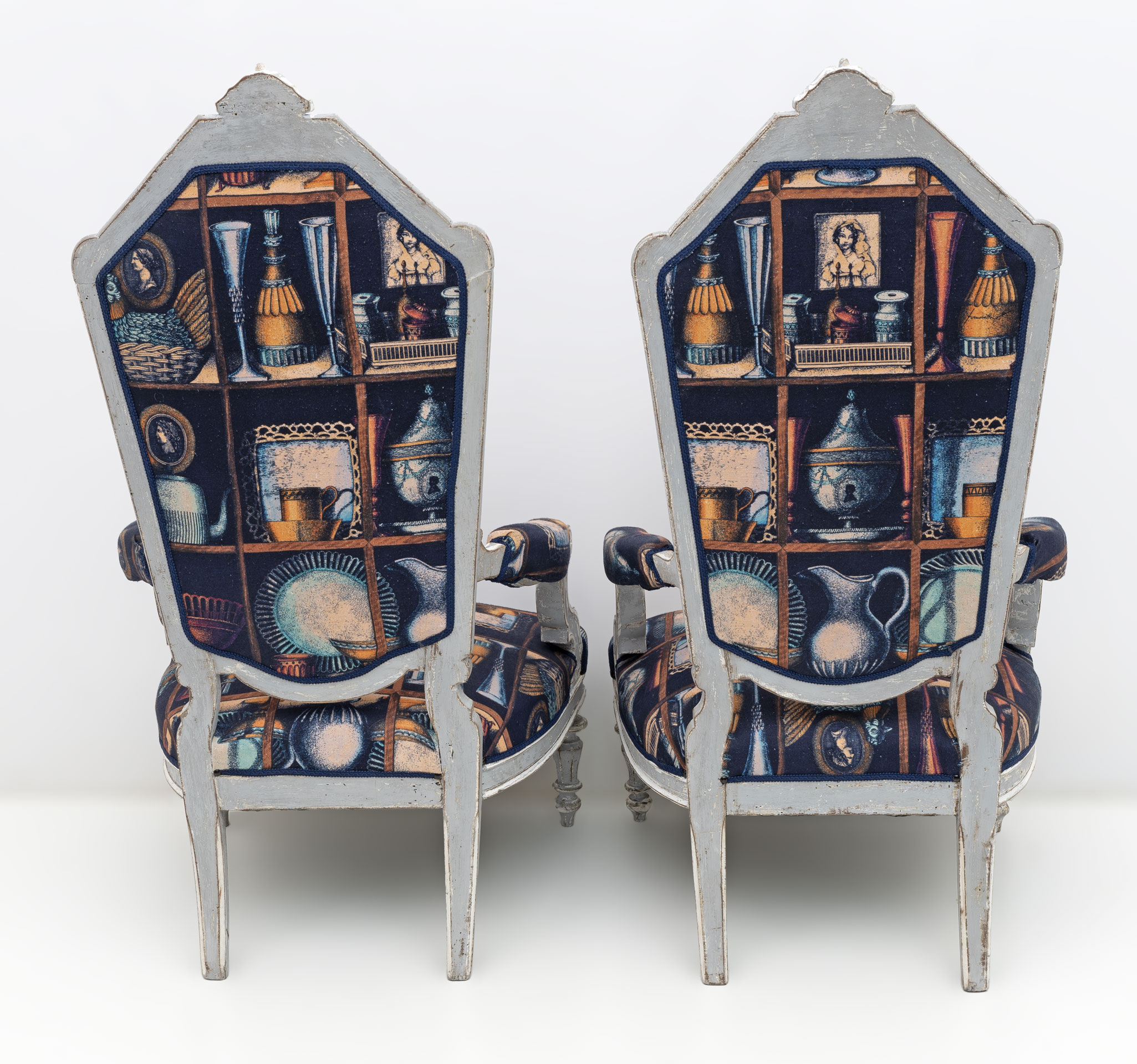 Pair of Italian Neoclassical Armchairs with Fornasetti Linen Fabric