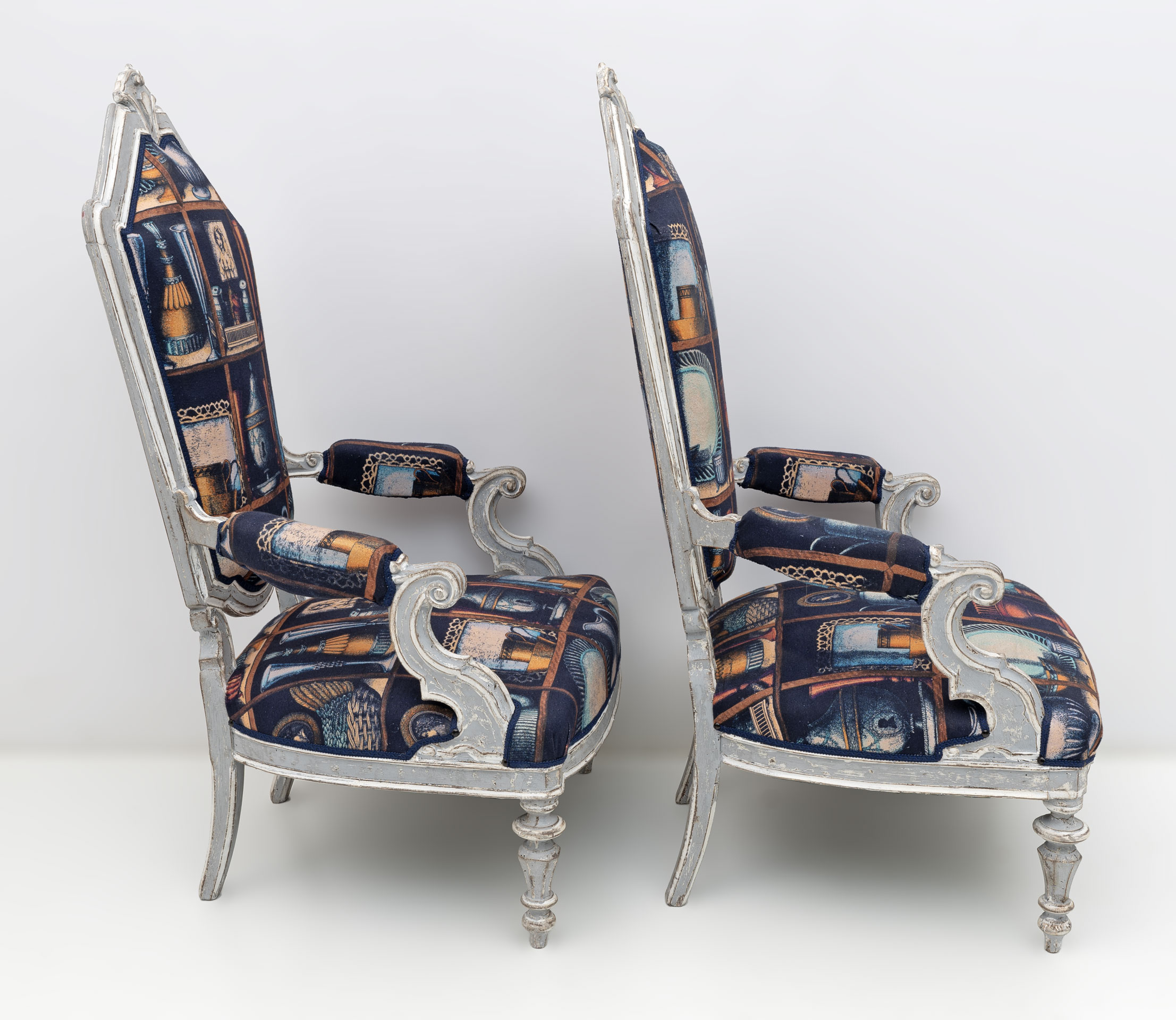 Pair of Italian Neoclassical Armchairs with Fornasetti Linen Fabric