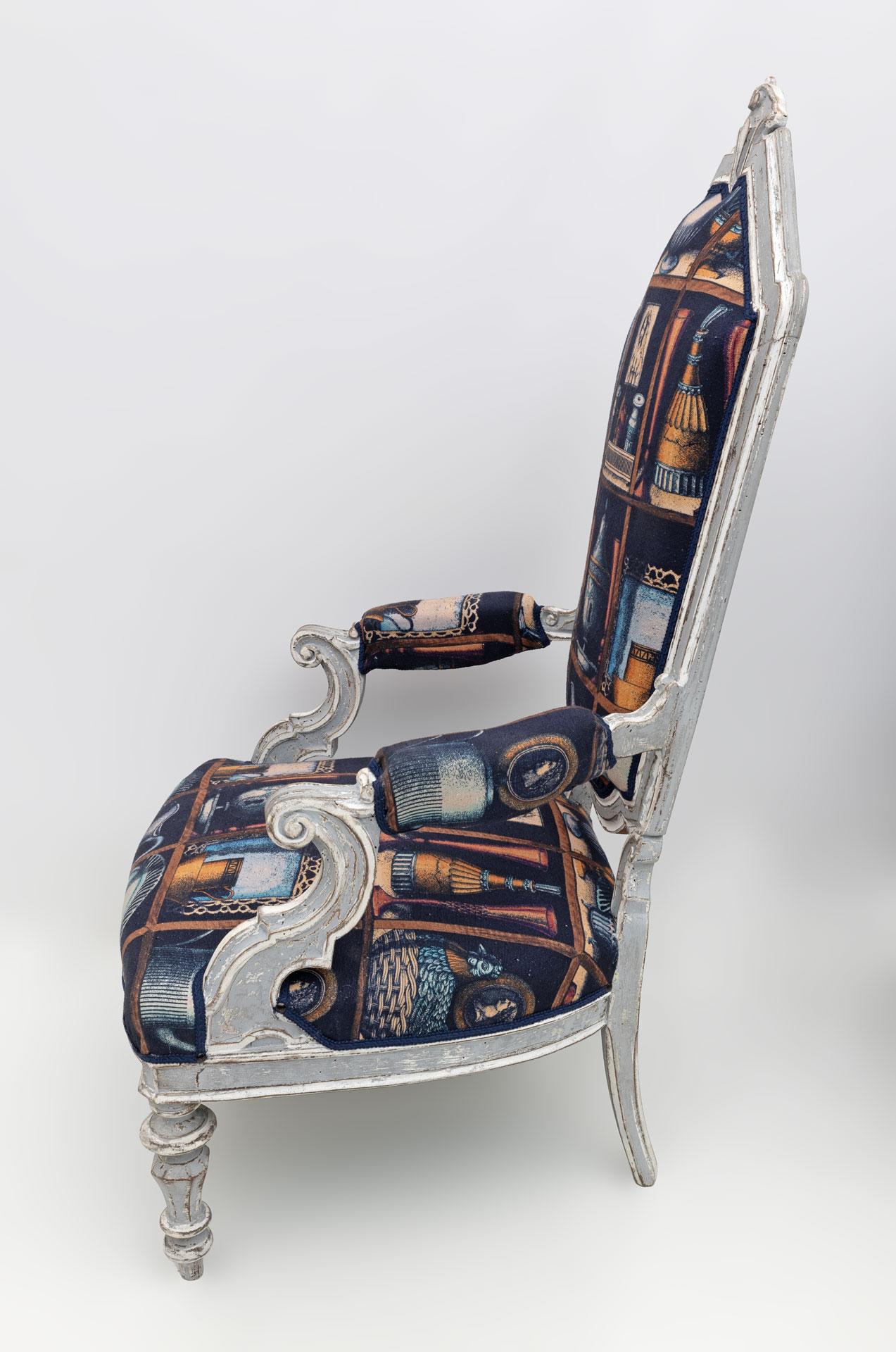 Pair of Italian Neoclassical Armchairs with Fornasetti Linen Fabric