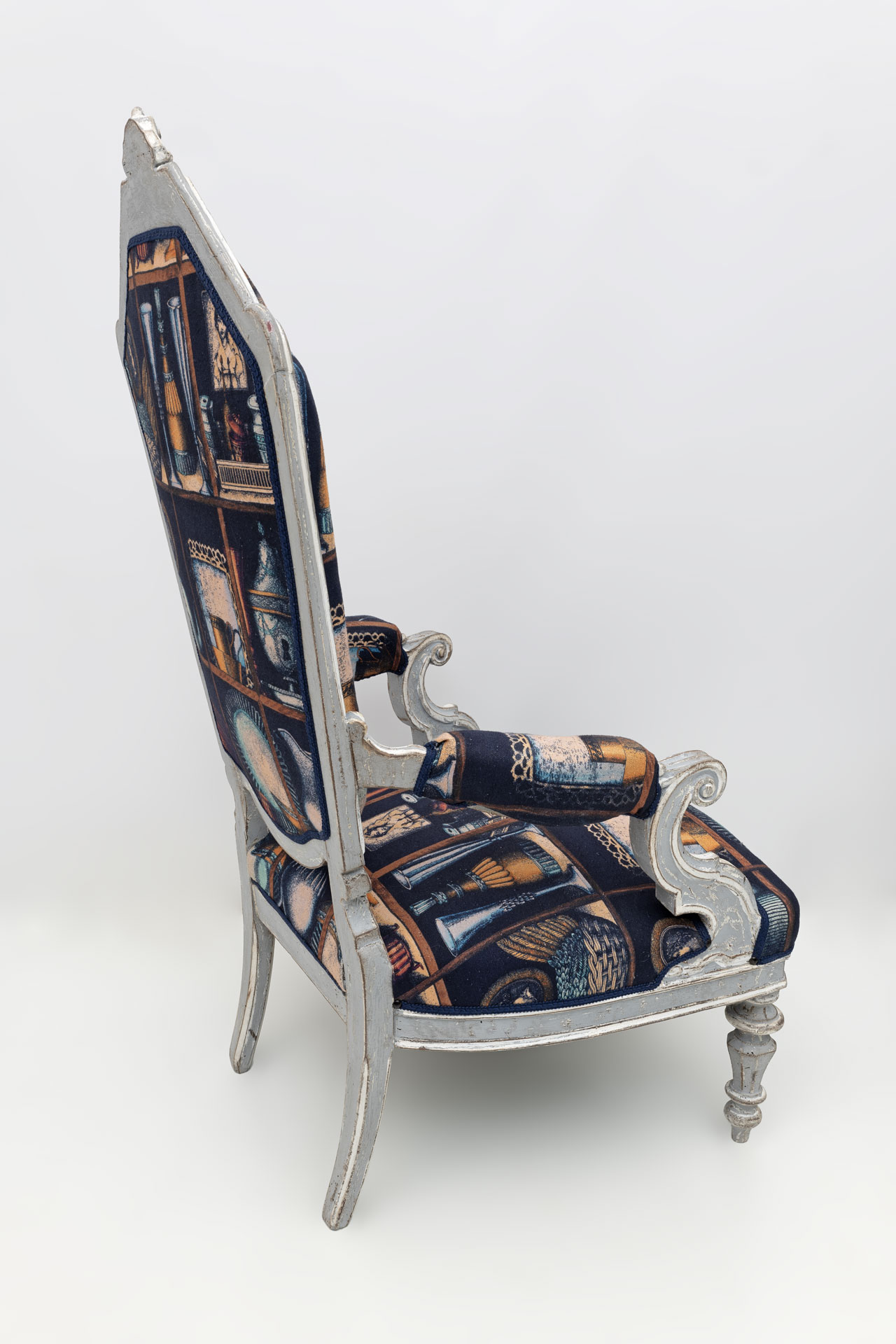 Pair of Italian Neoclassical Armchairs with Fornasetti Linen Fabric