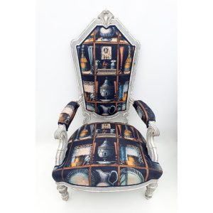 Pair of Italian Neoclassical Armchairs with Fornasetti Linen Fabric