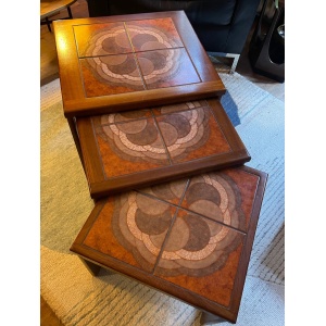 Mid century trio nesting tables with intact tile tops with teak frames and styled legs