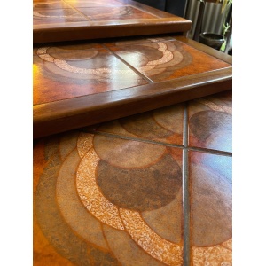 Mid century trio nesting tables with intact tile tops with teak frames and styled legs