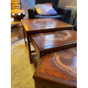 Mid century trio nesting tables with intact tile tops with teak frames and styled legs