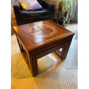 Mid century trio nesting tables with intact tile tops with teak frames and styled legs