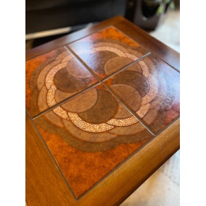 Mid century trio nesting tables with intact tile tops with teak frames and styled legs