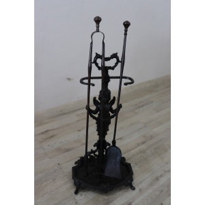 Set of antique fireplace tools in wrought iron and cast iron