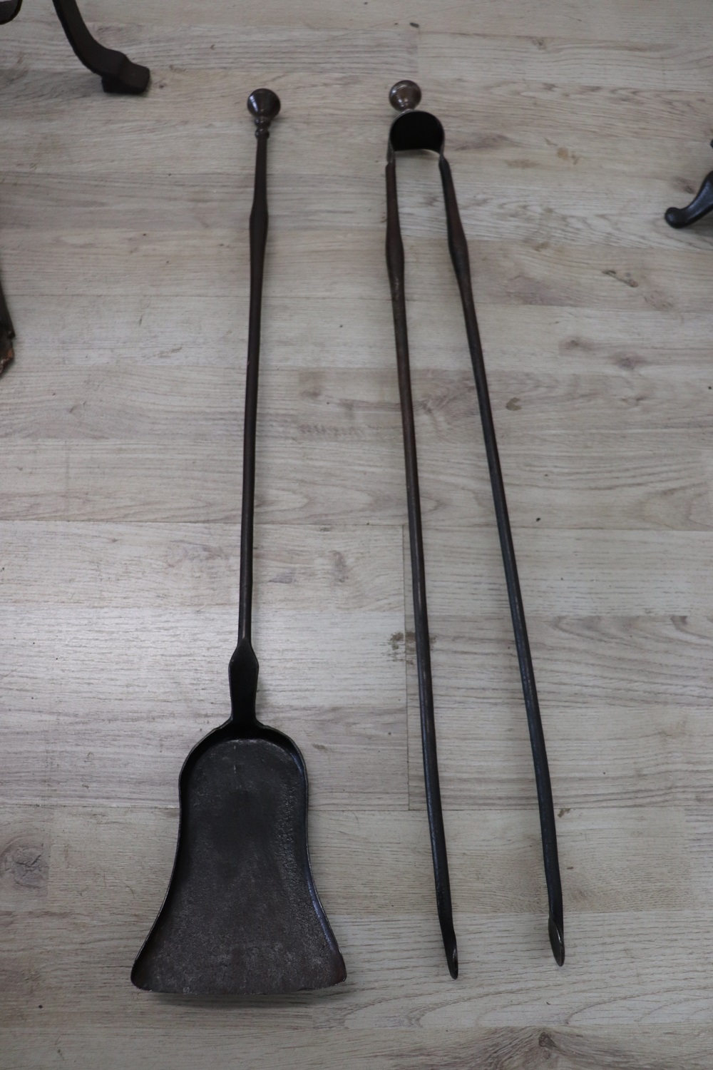 Set of antique fireplace tools in wrought iron and cast iron