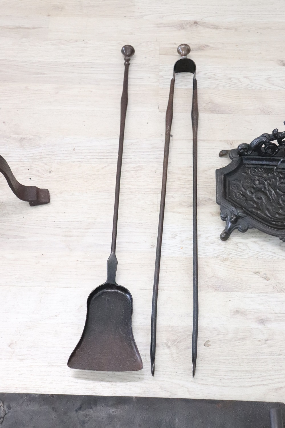 Set of antique fireplace tools in wrought iron and cast iron