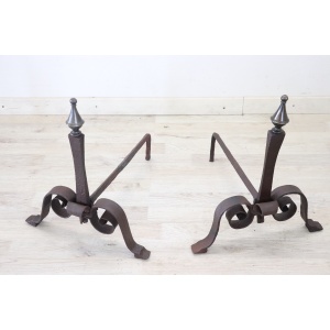 Set of antique fireplace tools in wrought iron and cast iron
