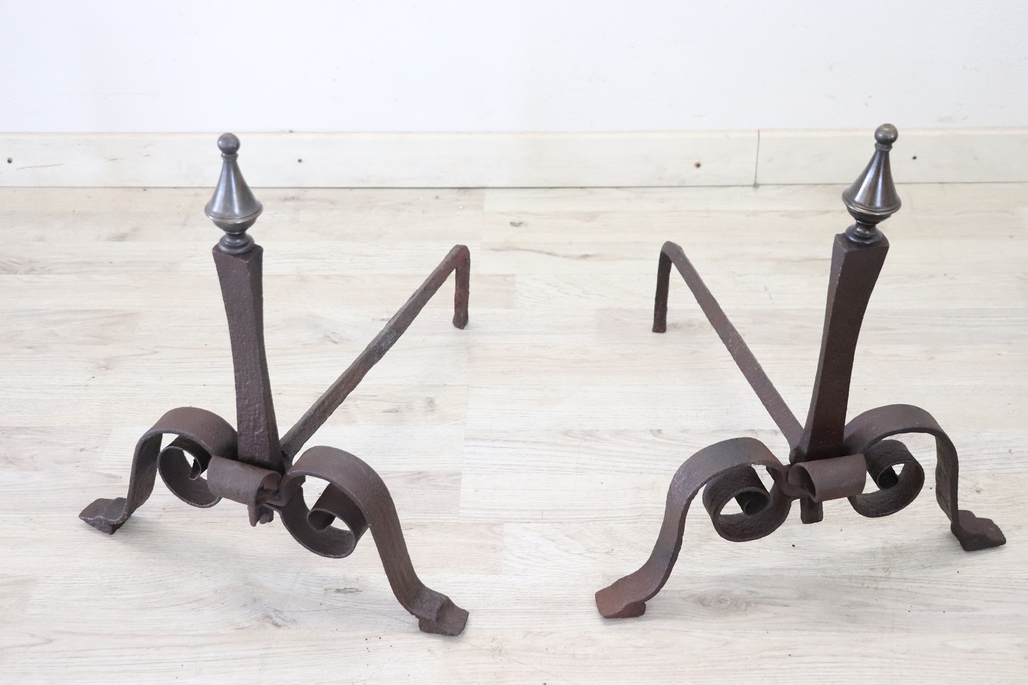Set of antique fireplace tools in wrought iron and cast iron