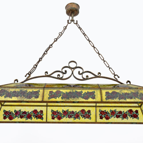 Rustic Hand-Painted Wrought Iron and Glass Pendant Chandelier, 1960s