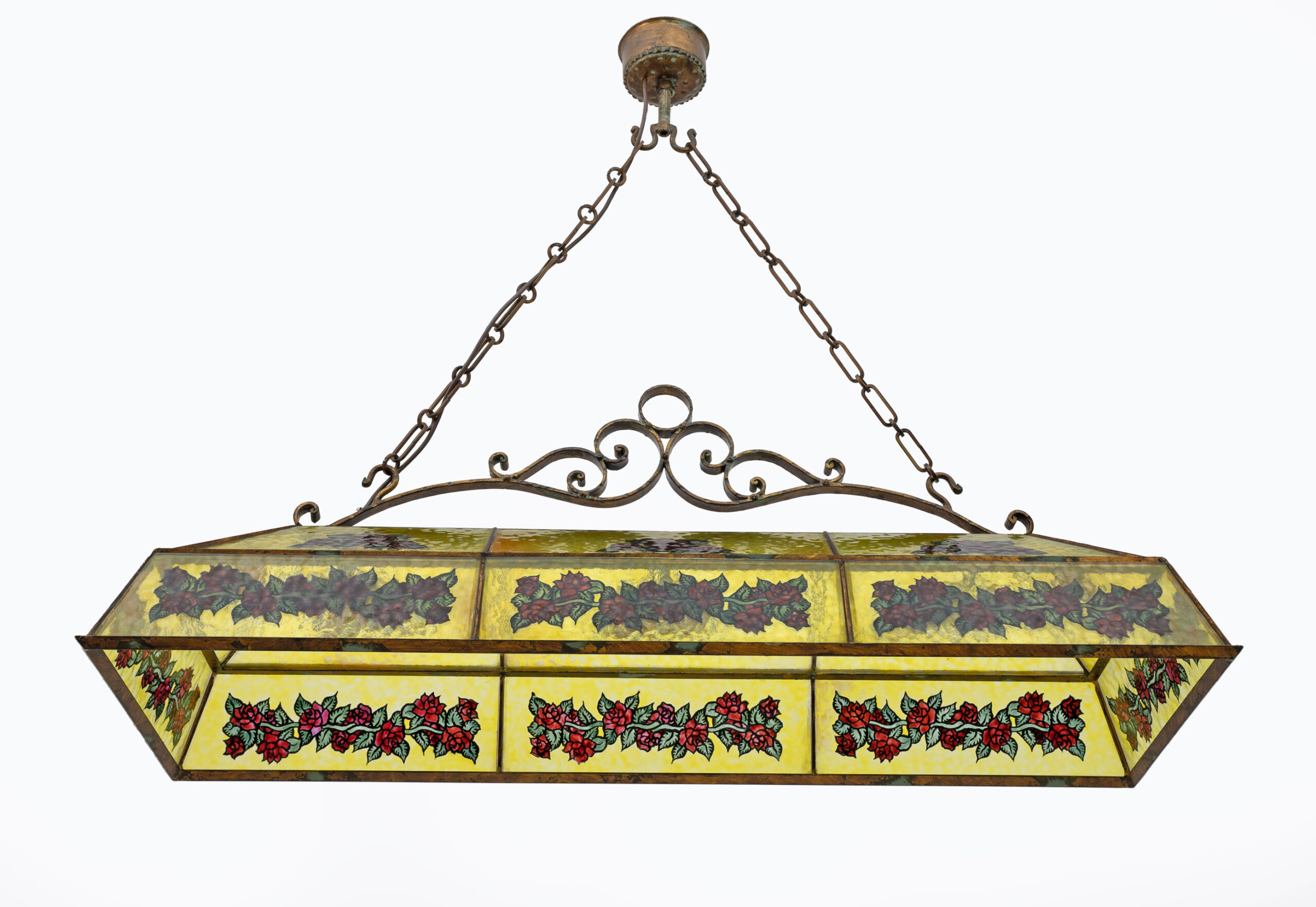 Rustic Hand-Painted Wrought Iron and Glass Pendant Chandelier, 1960s