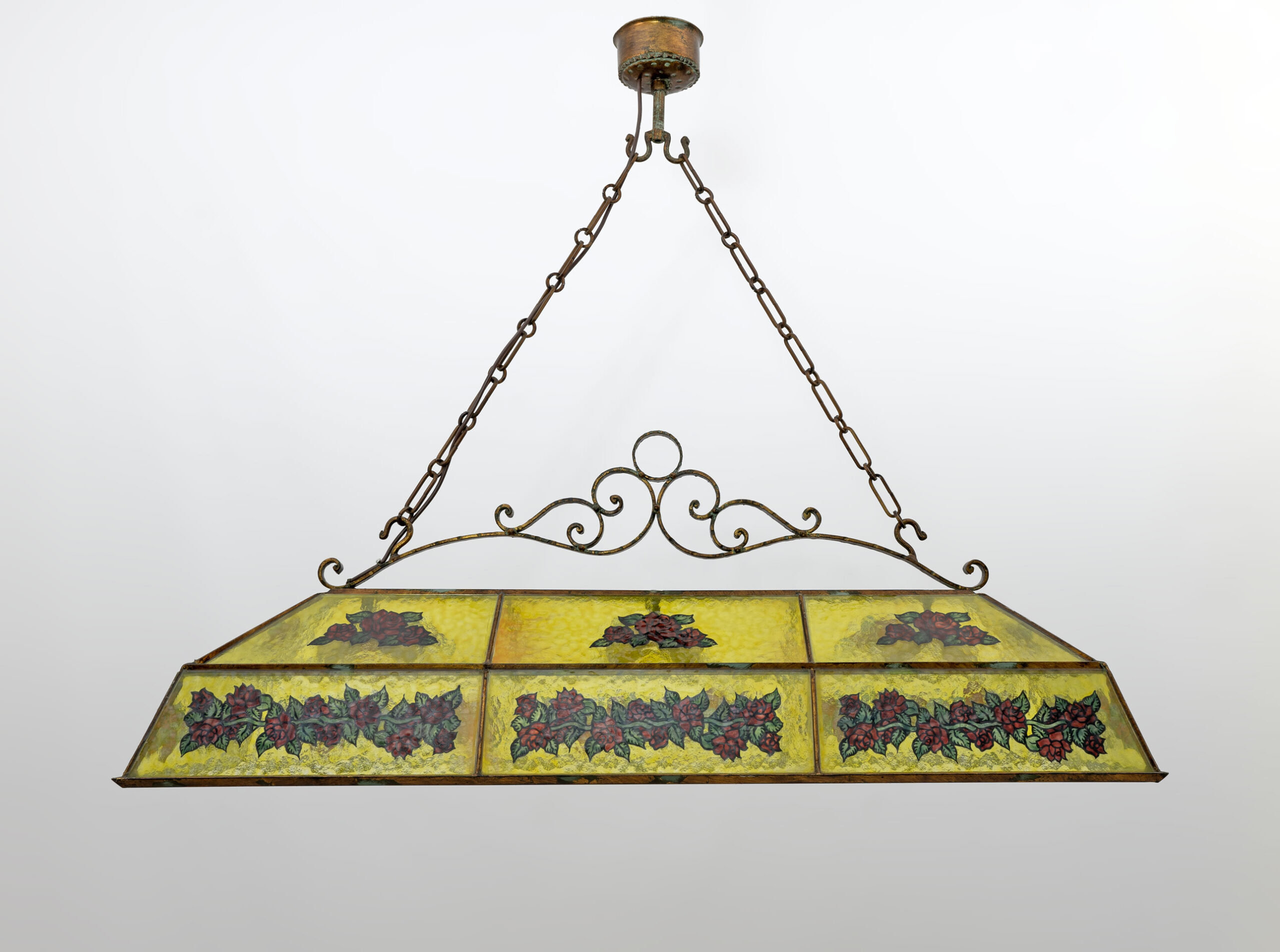 Rustic Hand-Painted Wrought Iron and Glass Pendant Chandelier, 1960s