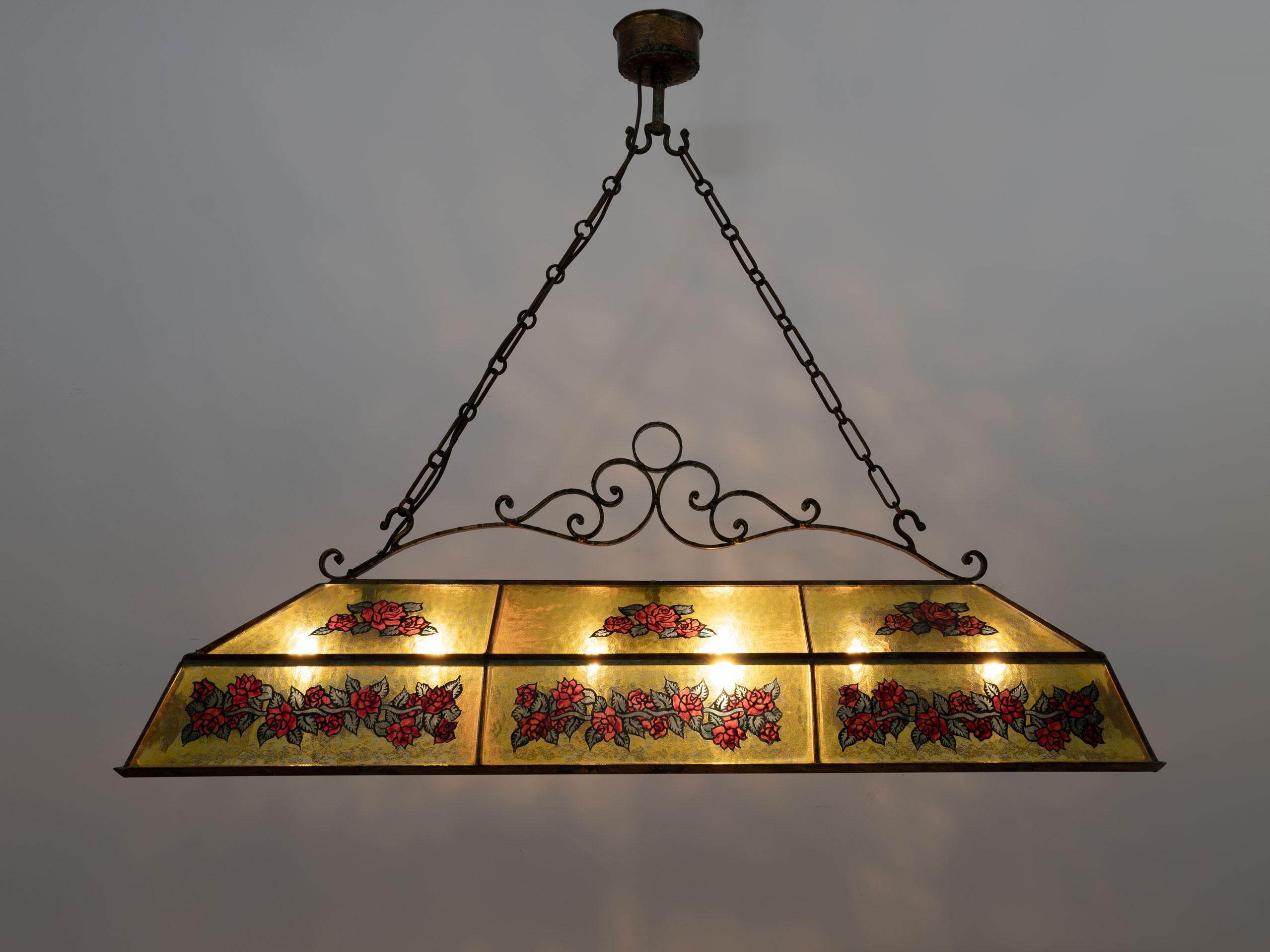 Rustic Hand-Painted Wrought Iron and Glass Pendant Chandelier, 1960s