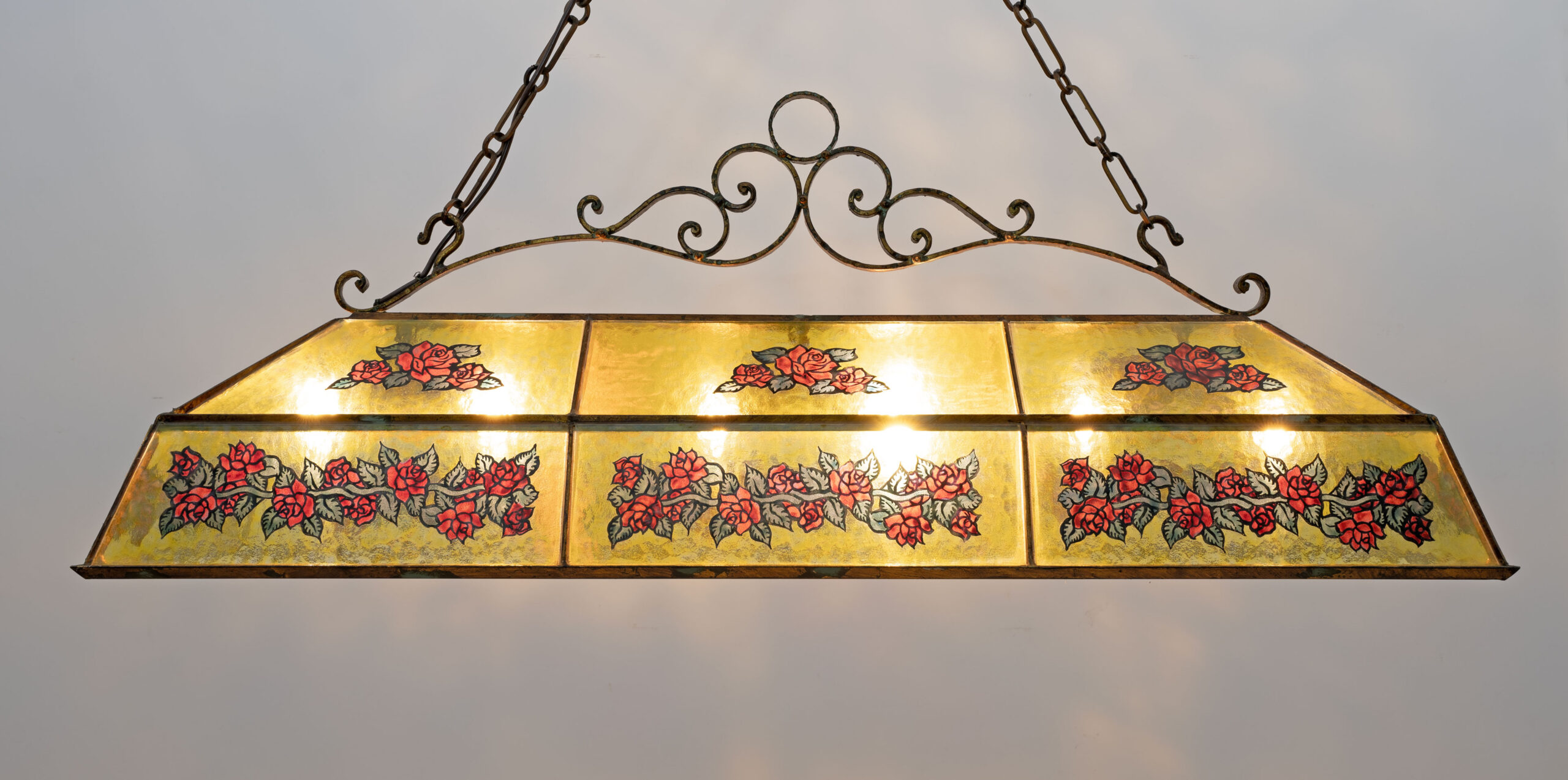Rustic Hand-Painted Wrought Iron and Glass Pendant Chandelier, 1960s