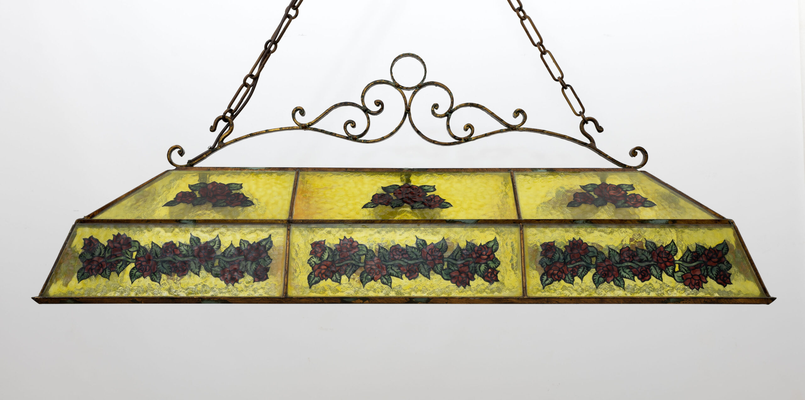 Rustic Hand-Painted Wrought Iron and Glass Pendant Chandelier, 1960s
