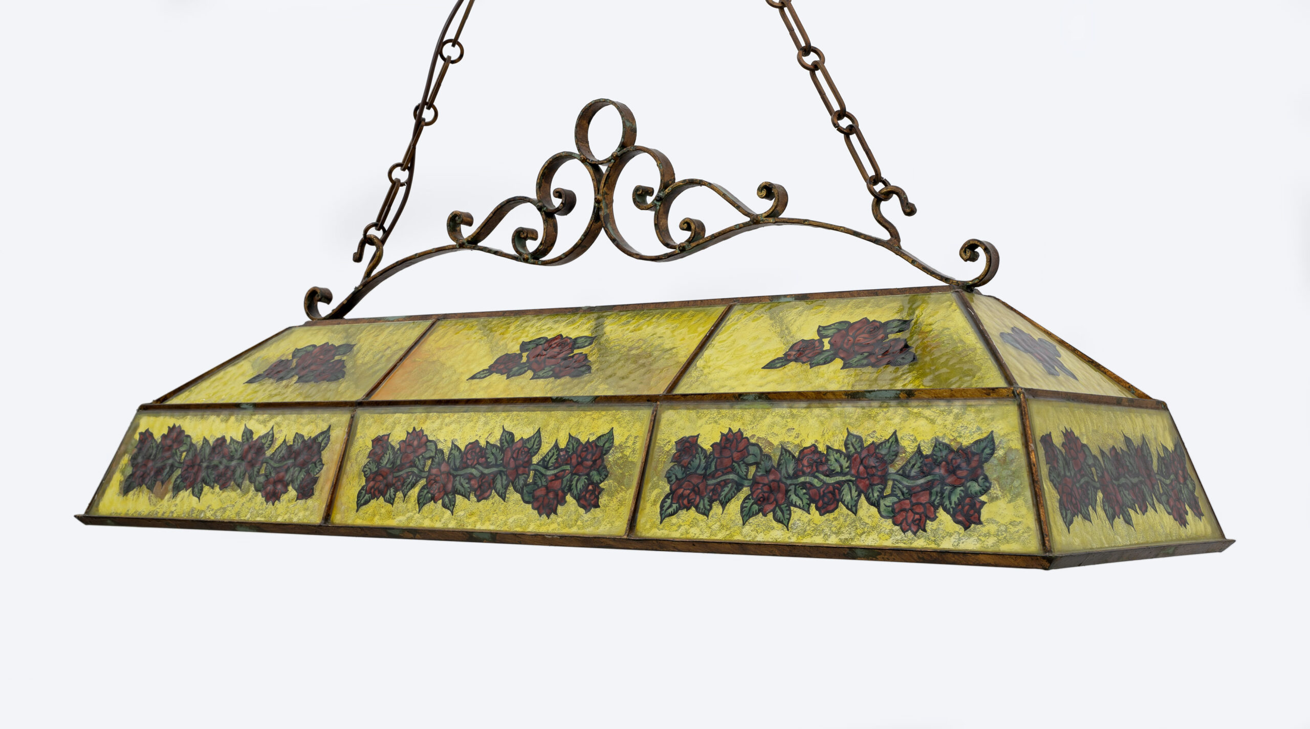 Rustic Hand-Painted Wrought Iron and Glass Pendant Chandelier, 1960s
