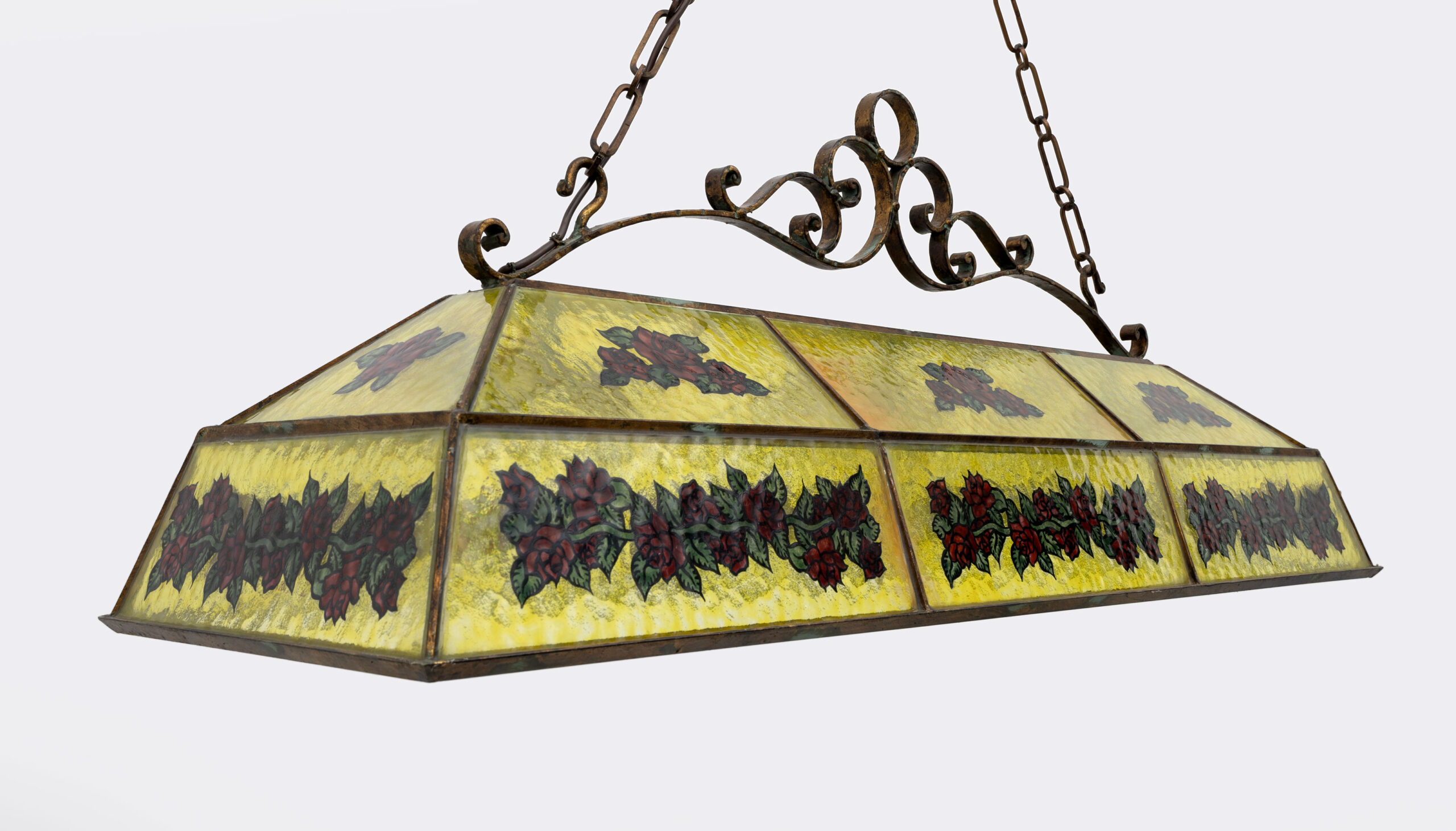 Rustic Hand-Painted Wrought Iron and Glass Pendant Chandelier, 1960s