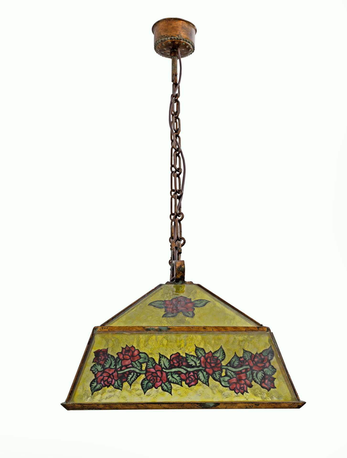 Rustic Hand-Painted Wrought Iron and Glass Pendant Chandelier, 1960s