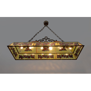 Rustic Hand-Painted Wrought Iron and Glass Pendant Chandelier, 1960s
