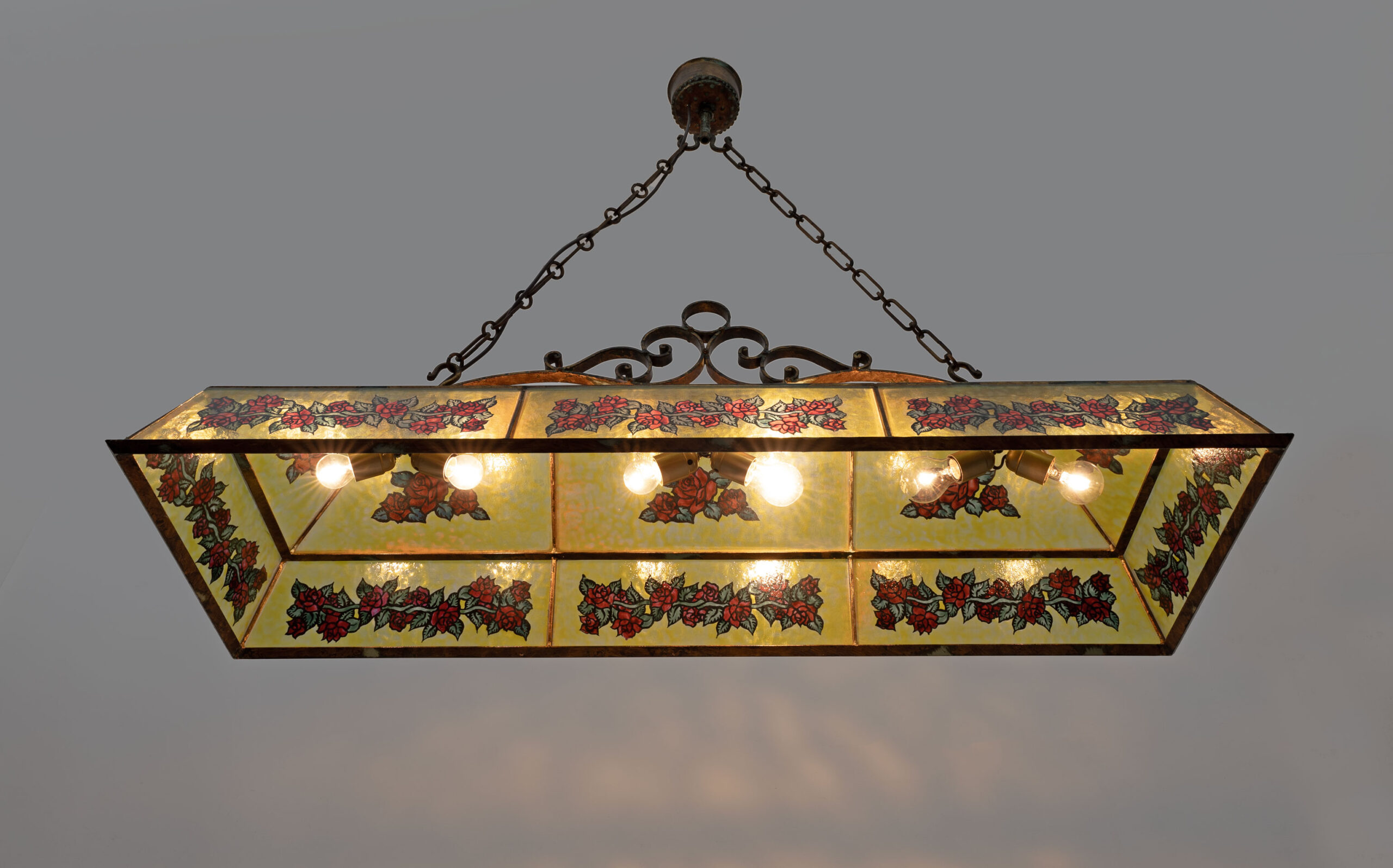 Rustic Hand-Painted Wrought Iron and Glass Pendant Chandelier, 1960s