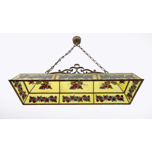 Rustic Hand-Painted Wrought Iron and Glass Pendant Chandelier, 1960s