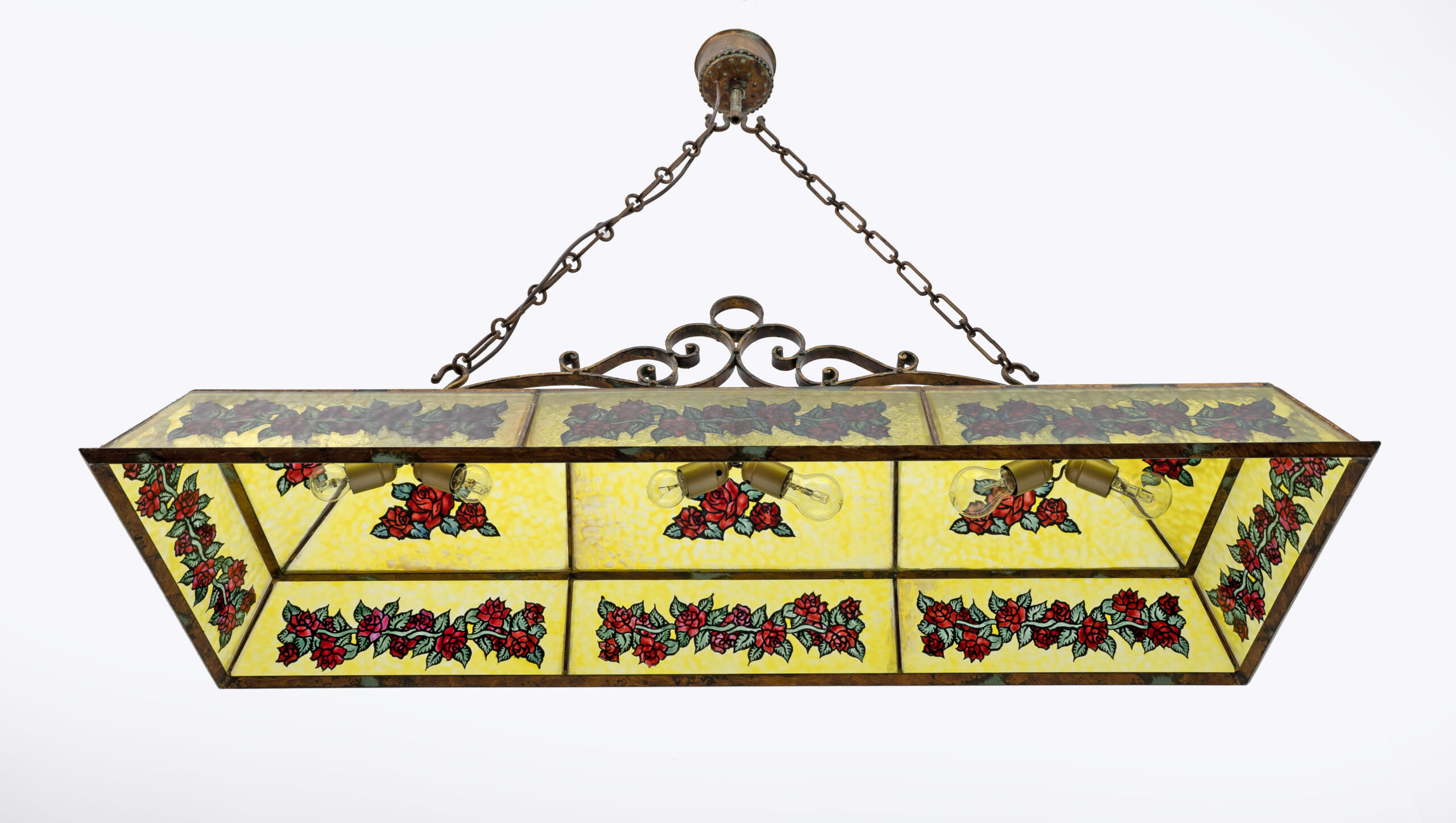 Rustic Hand-Painted Wrought Iron and Glass Pendant Chandelier, 1960s