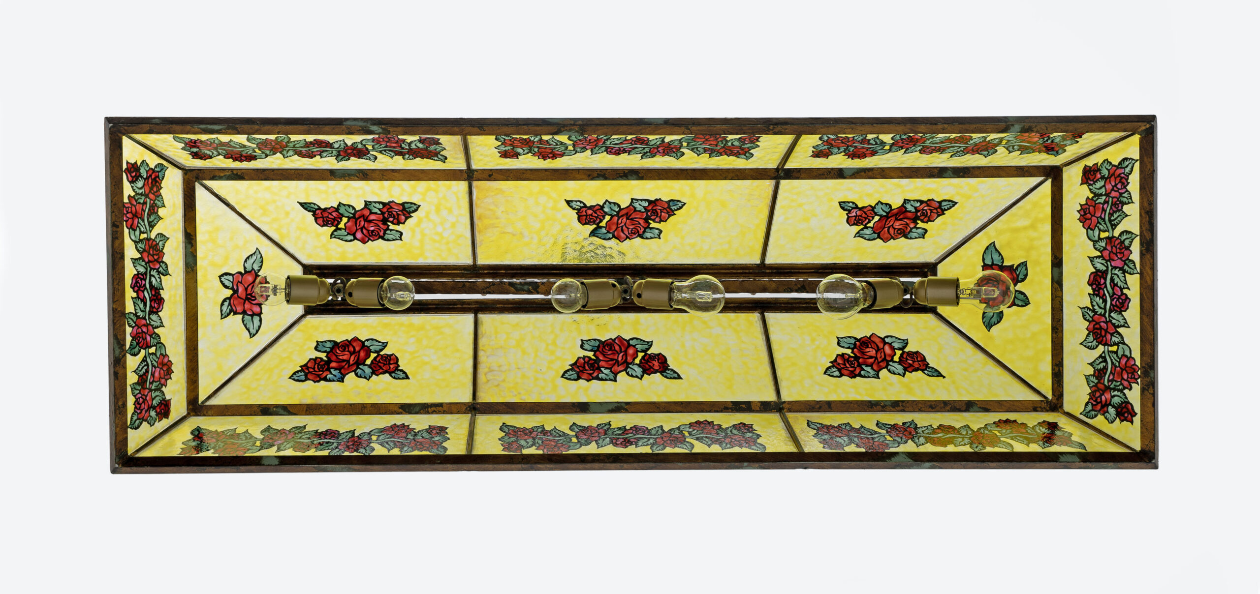 Rustic Hand-Painted Wrought Iron and Glass Pendant Chandelier, 1960s