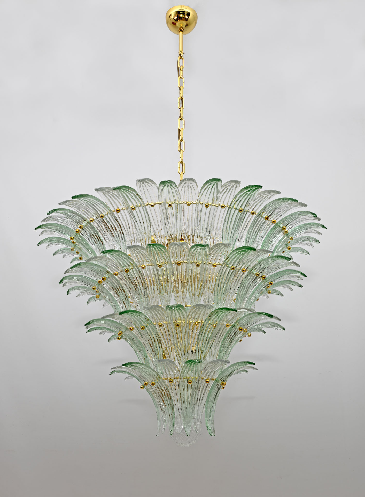 Mid-century Modern Italian Murano Glass and Brass Palmette Chandelier