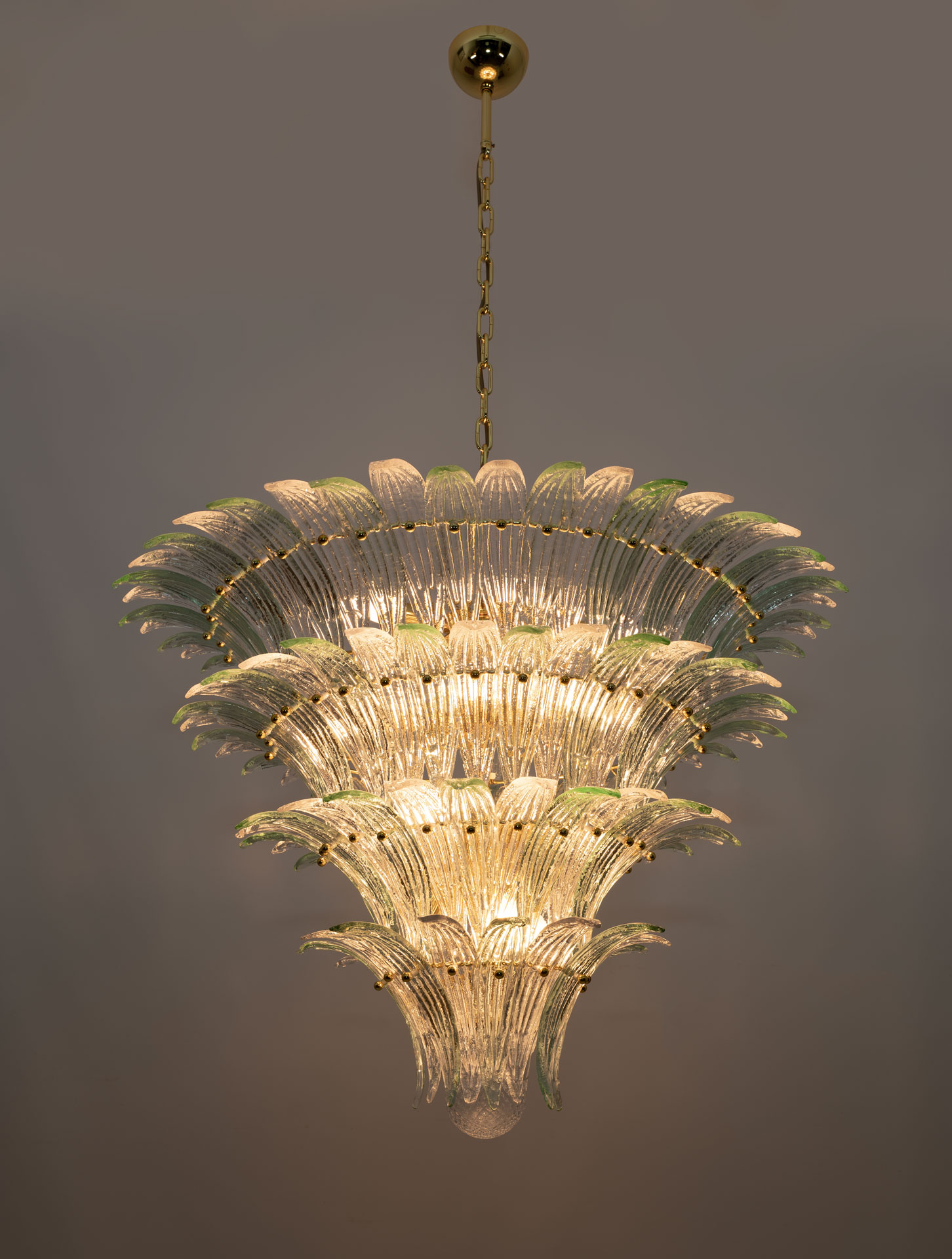 Mid-century Modern Italian Murano Glass and Brass Palmette Chandelier