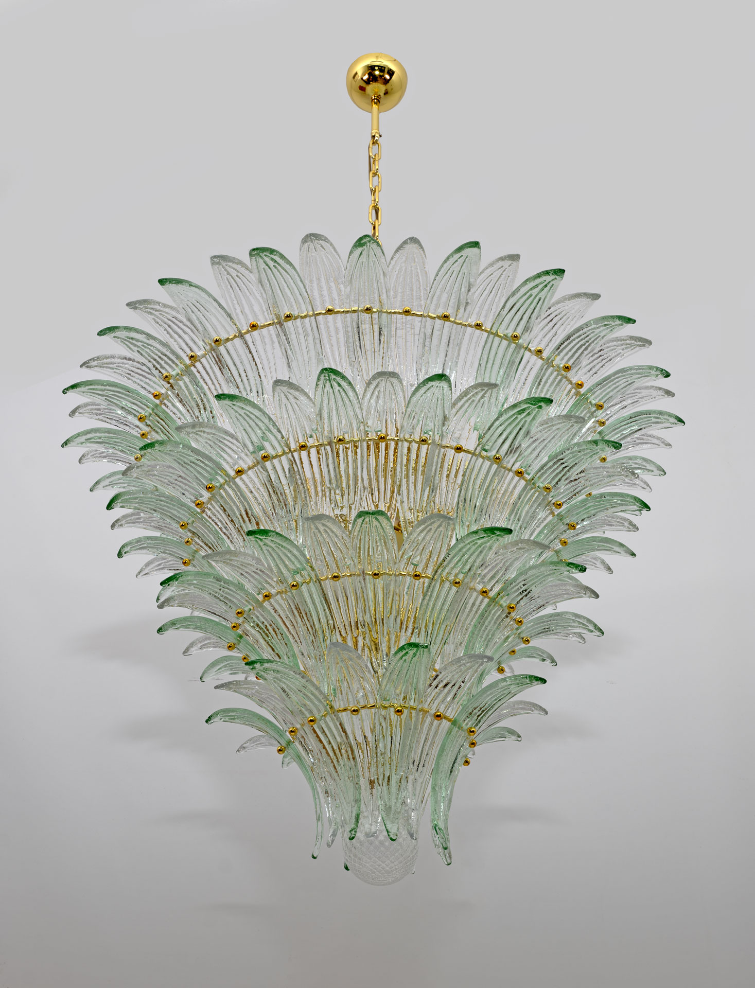 Mid-century Modern Italian Murano Glass and Brass Palmette Chandelier