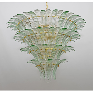 Mid-century Modern Italian Murano Glass and Brass Palmette Chandelier