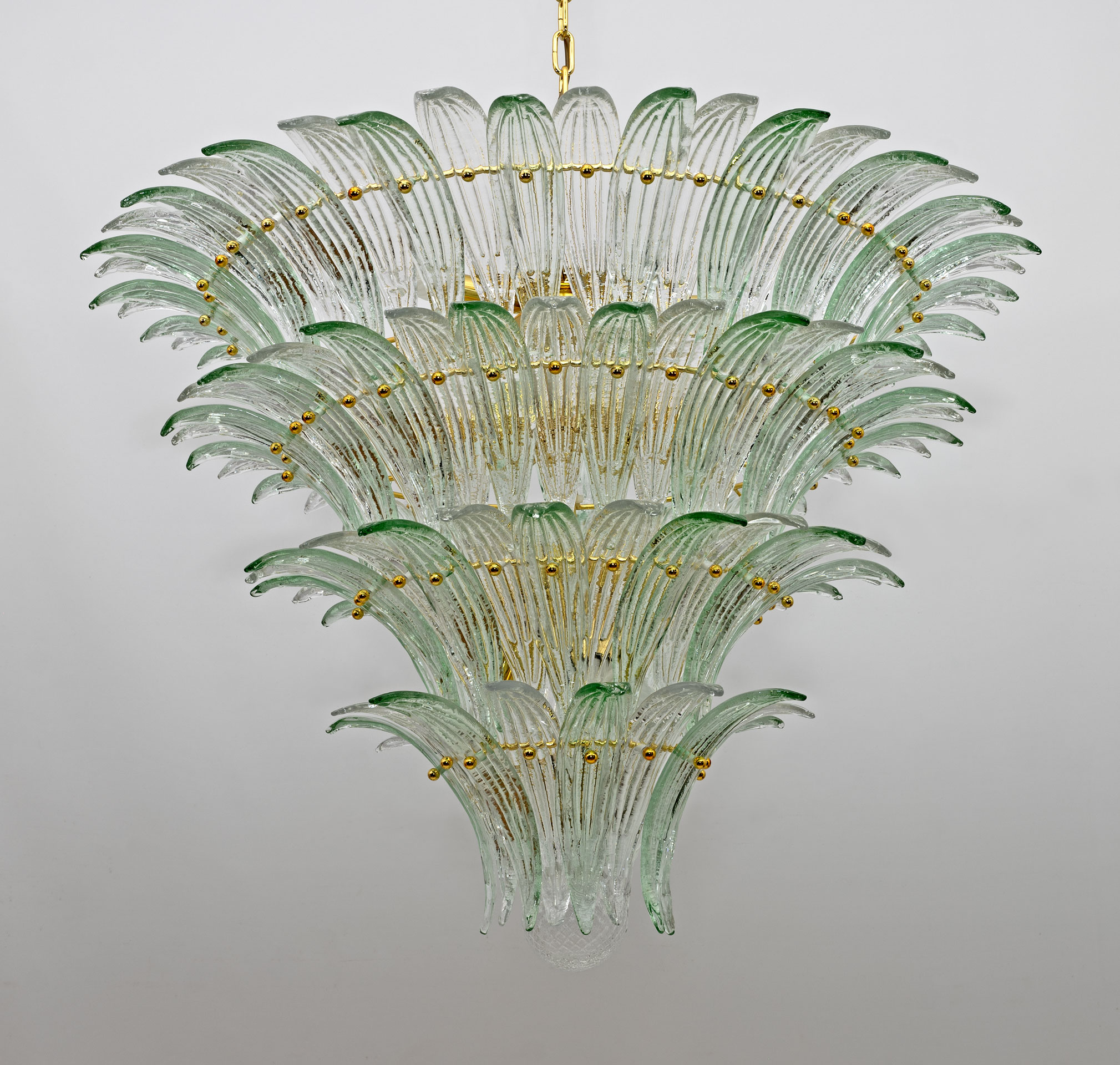 Mid-century Modern Italian Murano Glass and Brass Palmette Chandelier