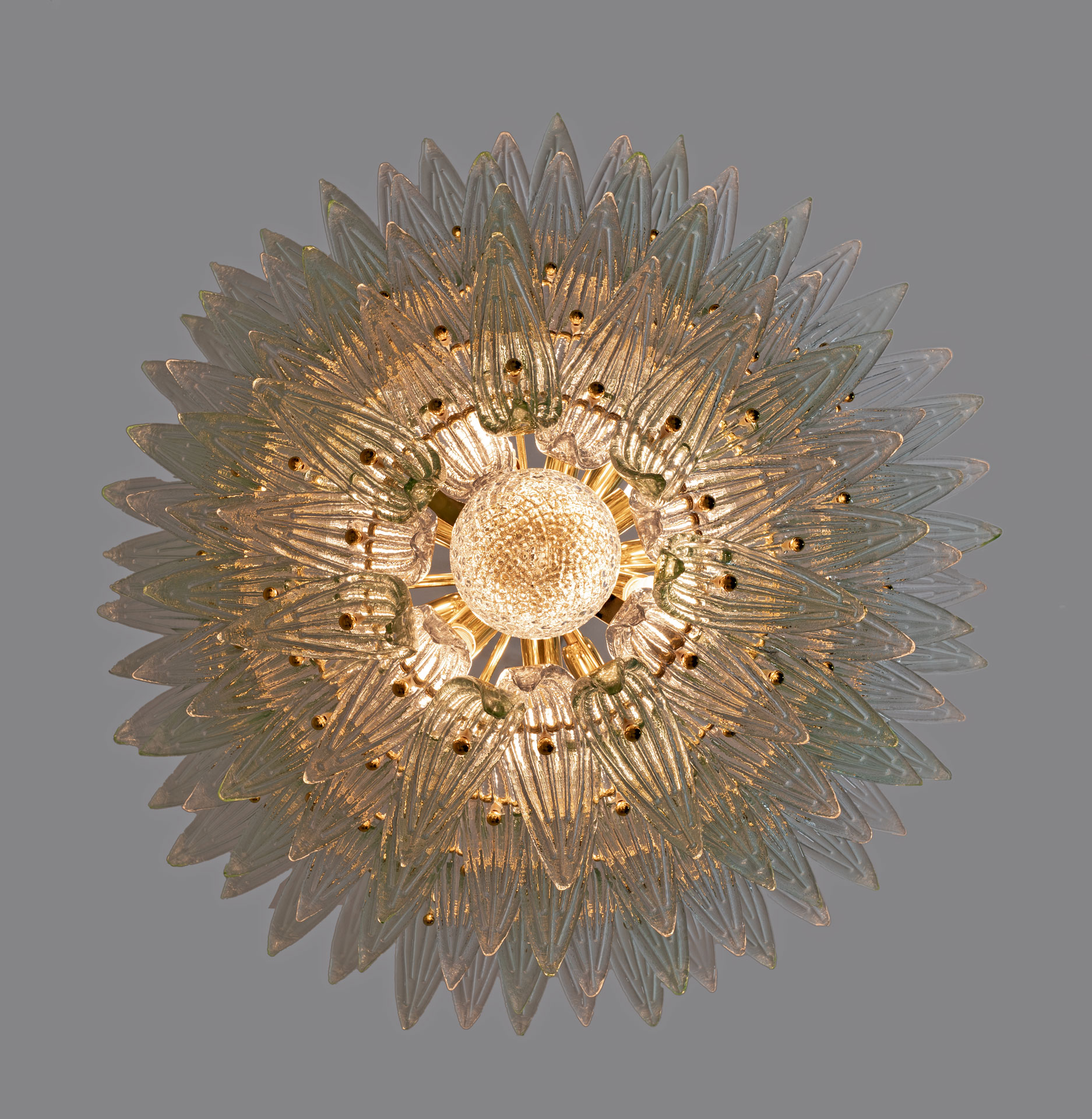 Mid-century Modern Italian Murano Glass and Brass Palmette Chandelier