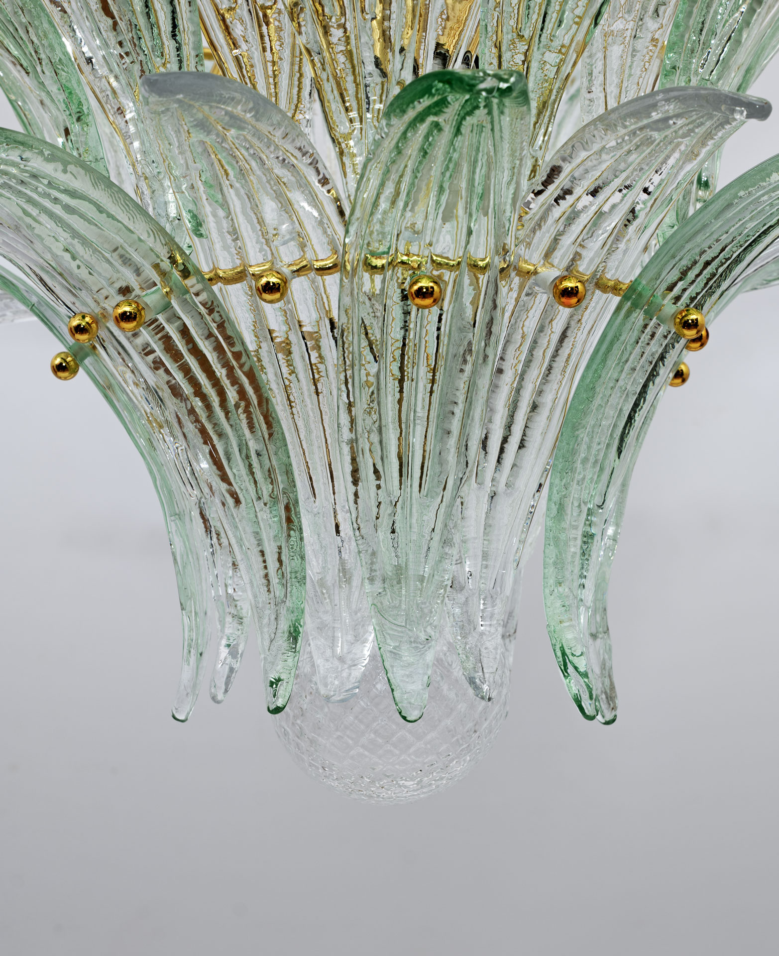Mid-century Modern Italian Murano Glass and Brass Palmette Chandelier