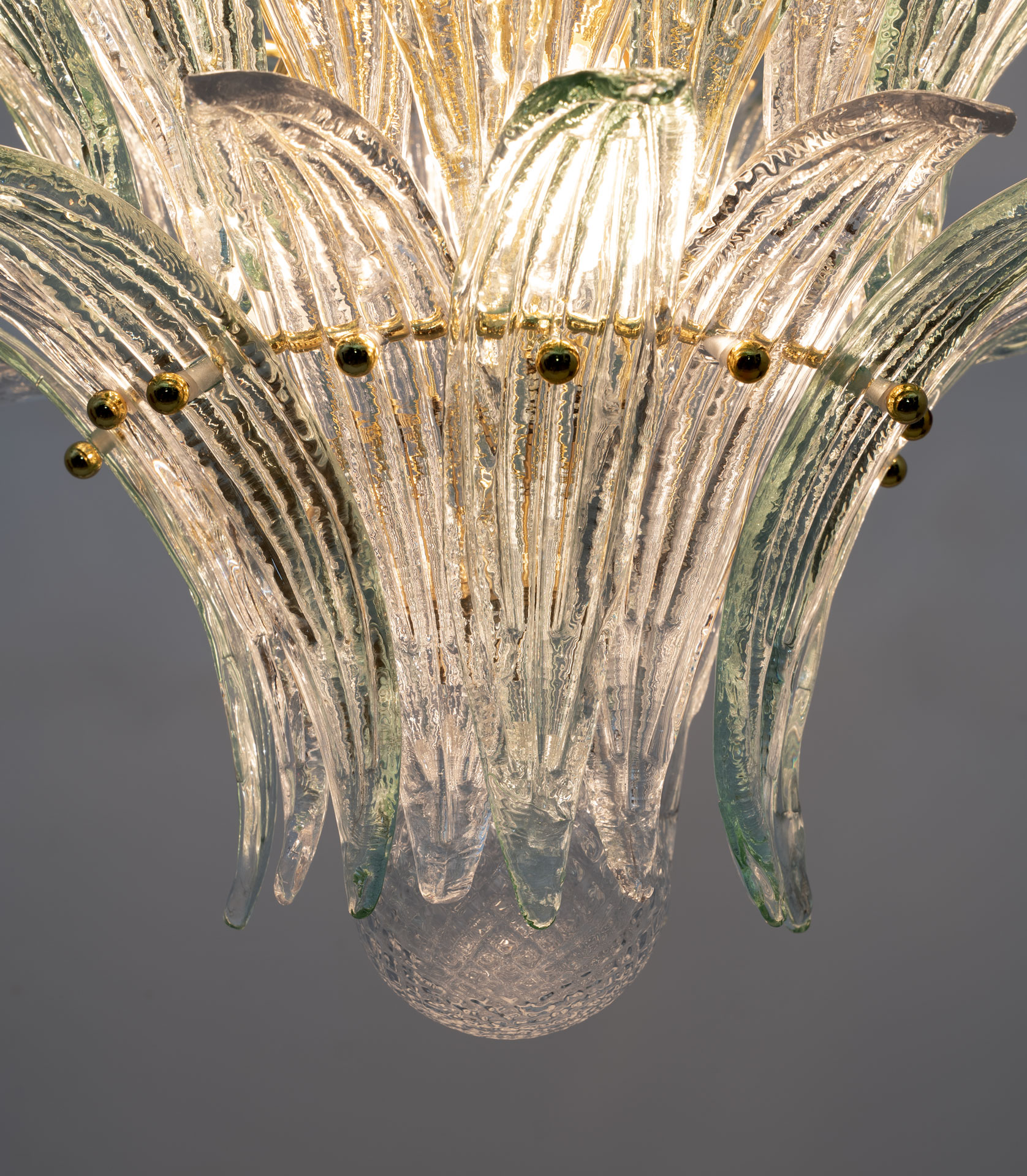 Mid-century Modern Italian Murano Glass and Brass Palmette Chandelier